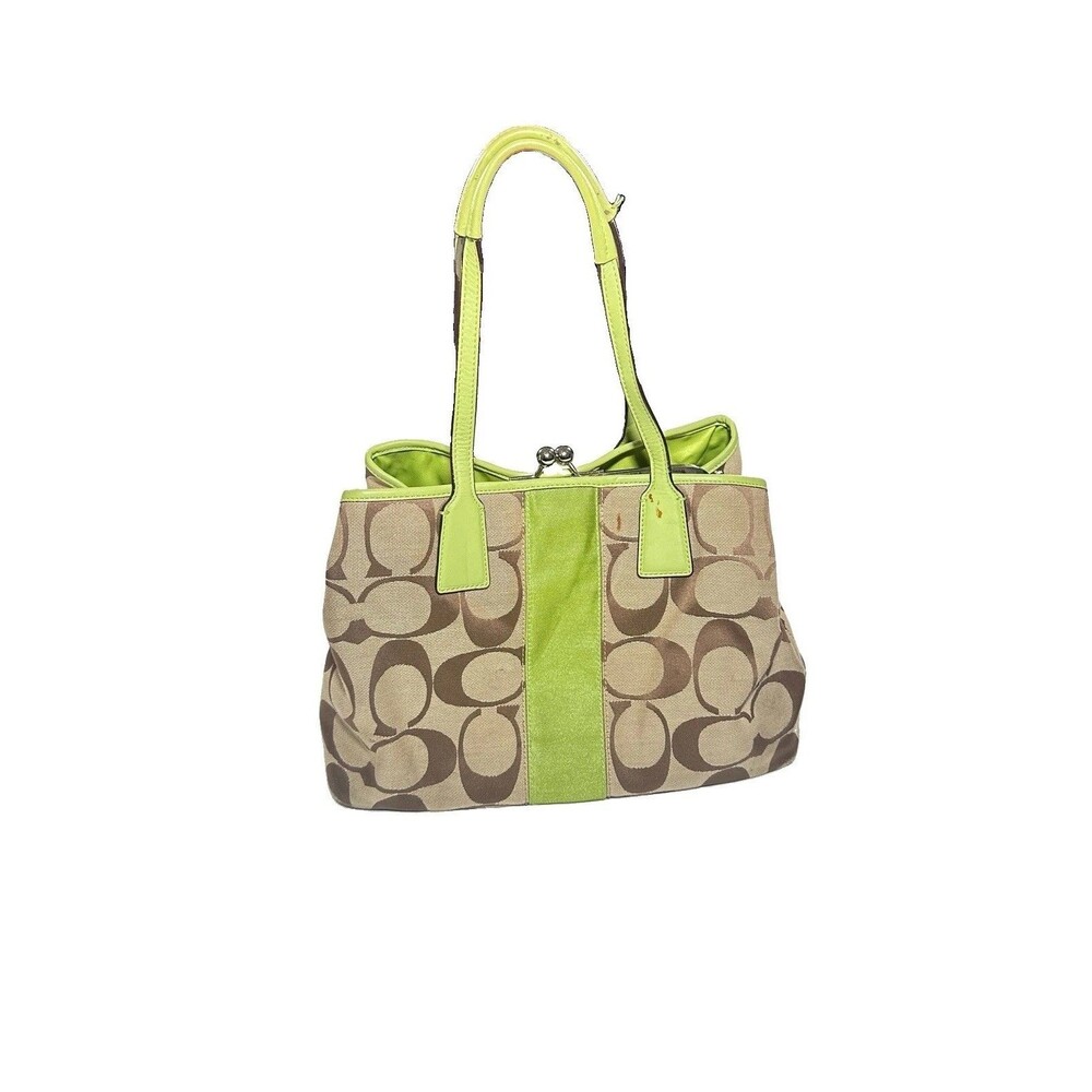 Coach F13533 CarryAll Brown/Tan Signature C Green Trim 3 Section Kisslock Center